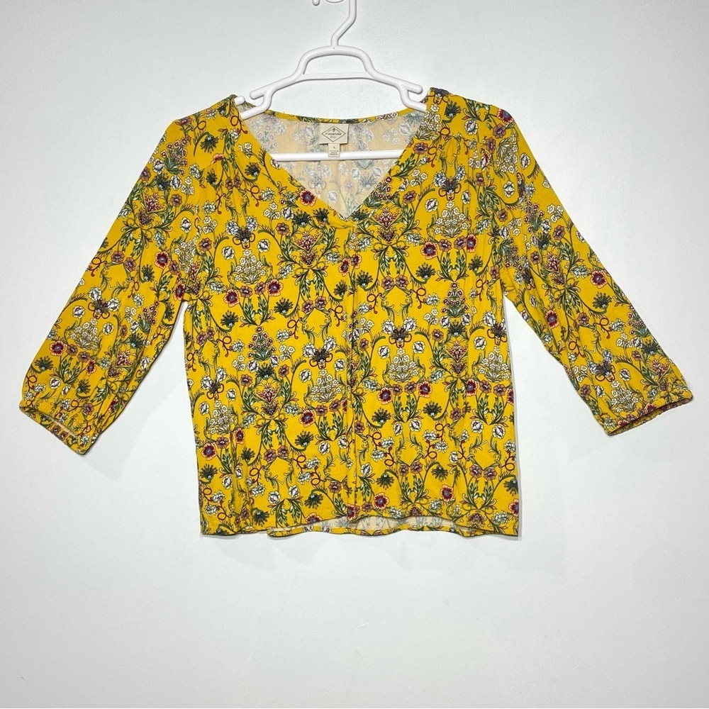 St. John's Bay Floral Blouse Women's L Gold Boho 3/4 Sleeve V-Neck Country Top